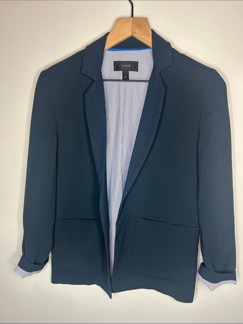 J. Crew Dark Navy Open Front Blazer with Pinstripe Lining